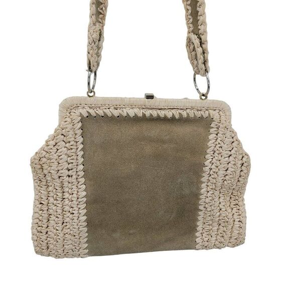 Vintage Handmade Crochet Macrame Straw Suede Shoulder Bag Purse Tan Boho Hippie - Picture 5 of 15